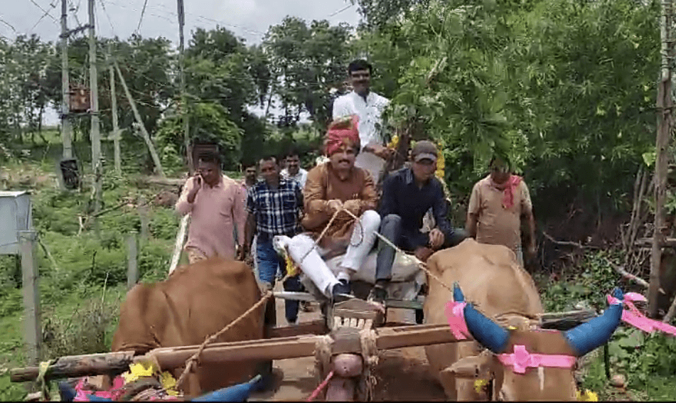 बैलगाडी से पौधे लेकर गोशाला पहुंचे विधायक