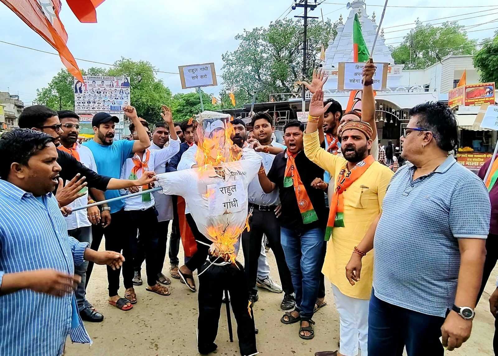 संसद में हिंदुओं को हिंसक बताने वाले बयान के विरोध में भाजयुमो ने राहुल गांधी का फूंका पुतला ,आक्रोशित होकर की नारेबाजी