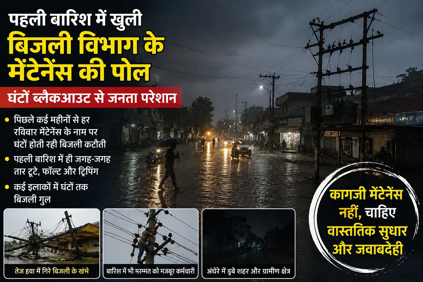 पहली बारिश में खुली बिजली विभाग के मेंटेनेंस की पोल